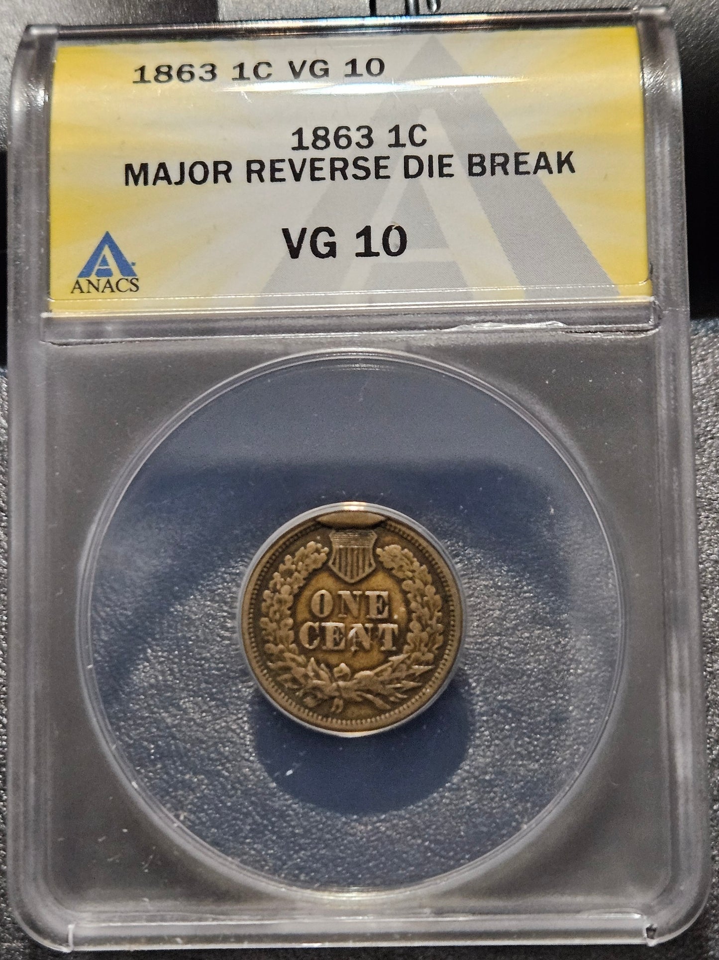 1863 Indian Head Cent Error Major Reverse Die Break CUD ANACS VG10 7809844