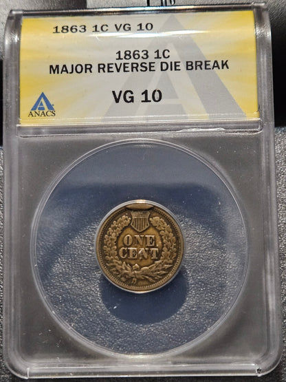 1863 Indian Head Cent Error Major Reverse Die Break CUD ANACS VG10 7809844