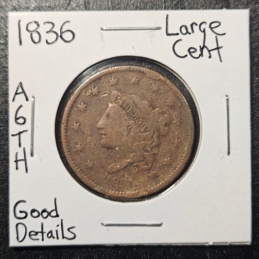 1836 Matron Head Large Cent Good Details A6TH