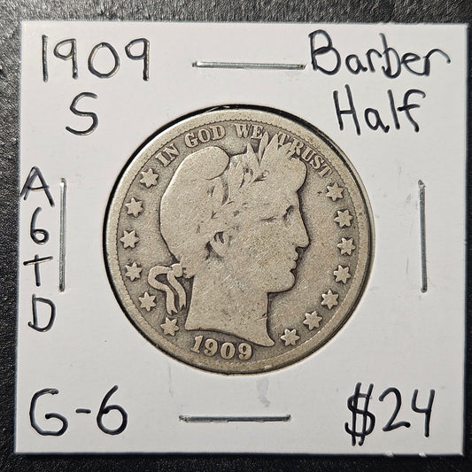 1909-S Barber Half Dollar Good A6TD