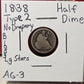 1838 Seated Liberty Half Dime Type 2 LG Stars B1053
