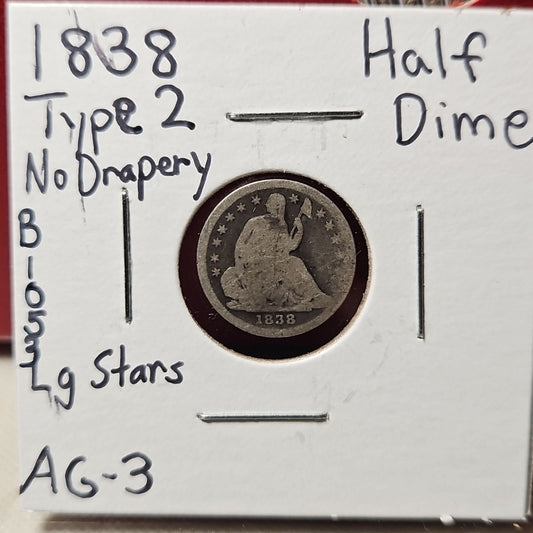 1838 Seated Liberty Half Dime Type 2 LG Stars B1053