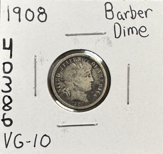 1908 Barber Dime - Very Good ( 40386 )
