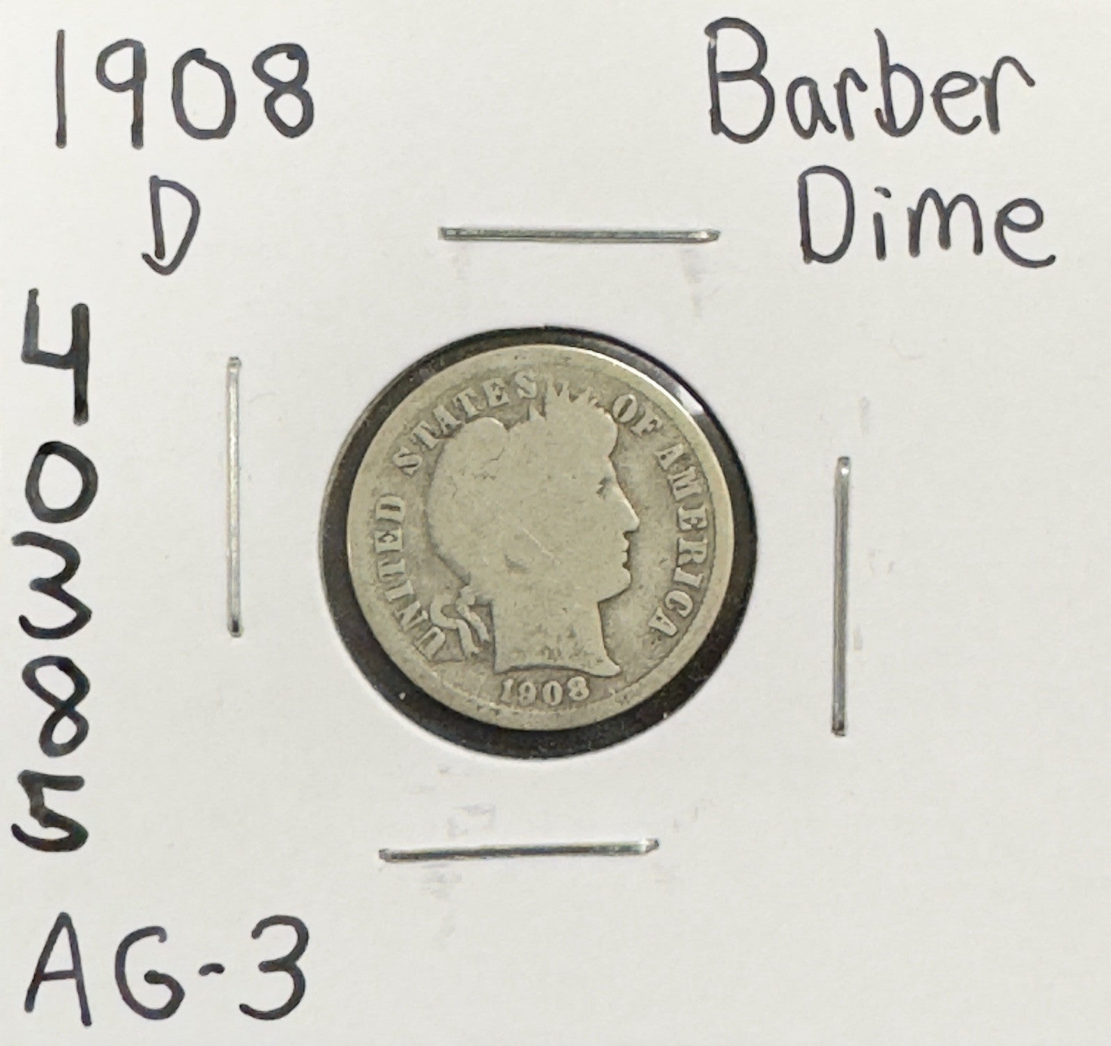 1908 D Barber Dime - About Good ( 40385 )