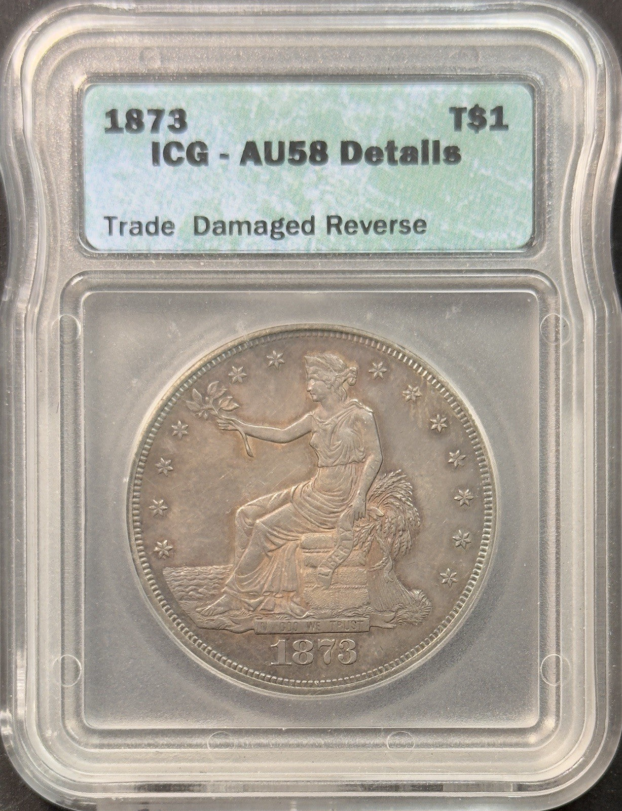 1873 Trade Dollar Reverse Counterstamp A- ICG AU58 Details ( 40447 )
