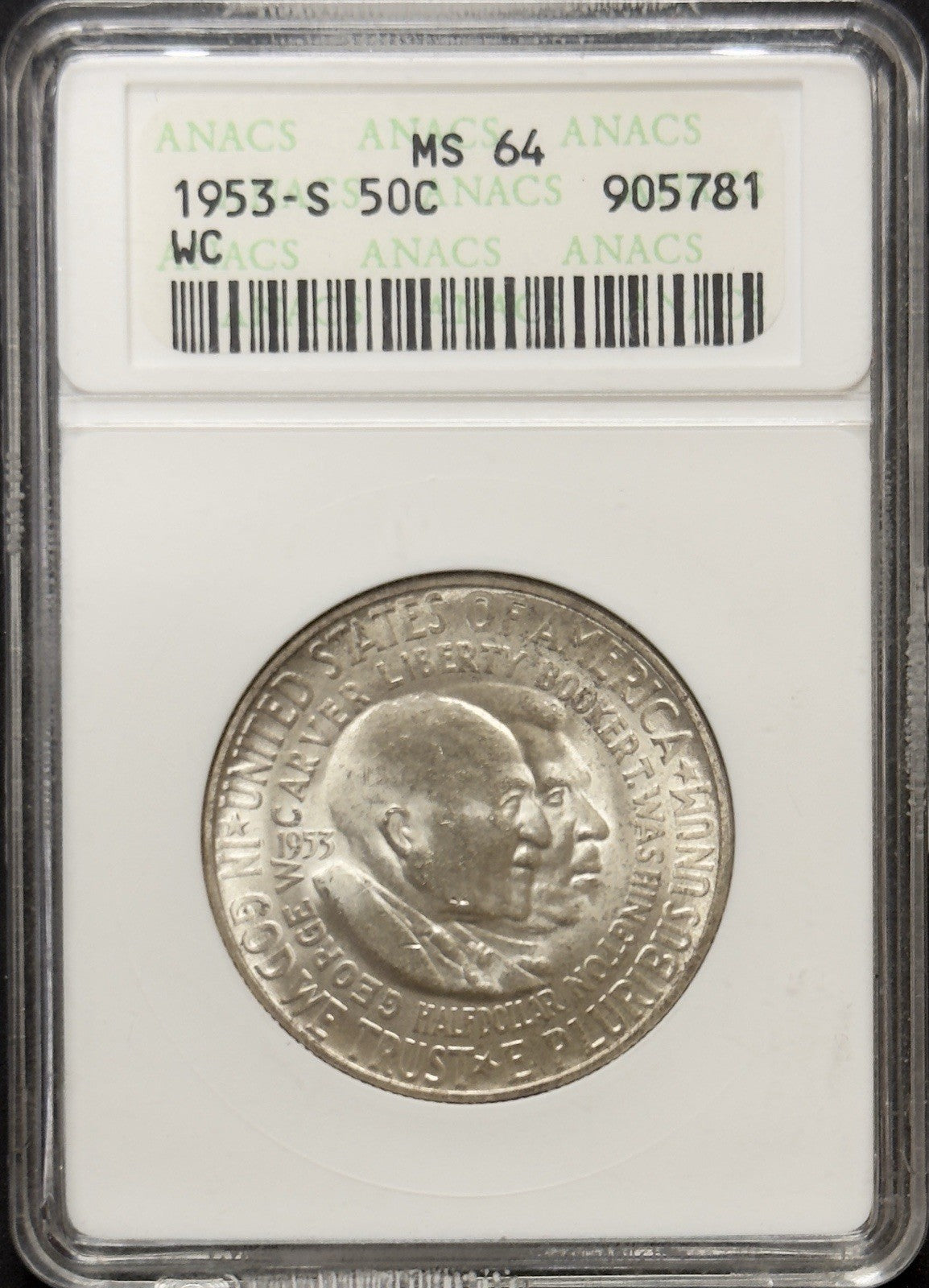 1953 S Washington Carver Half Dollar - ANACS MS64 ( 40475 )