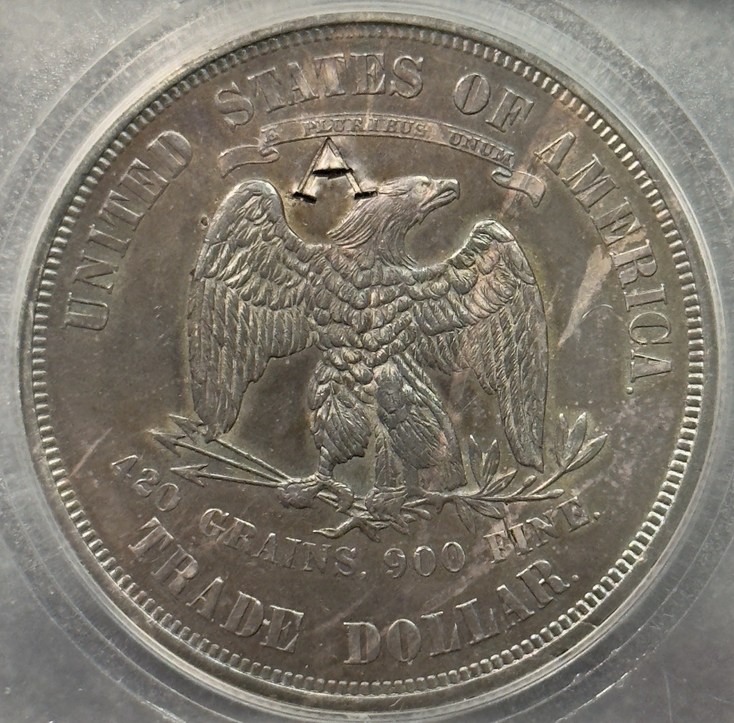 1873 Trade Dollar Reverse Counterstamp A- ICG AU58 Details ( 40447 )