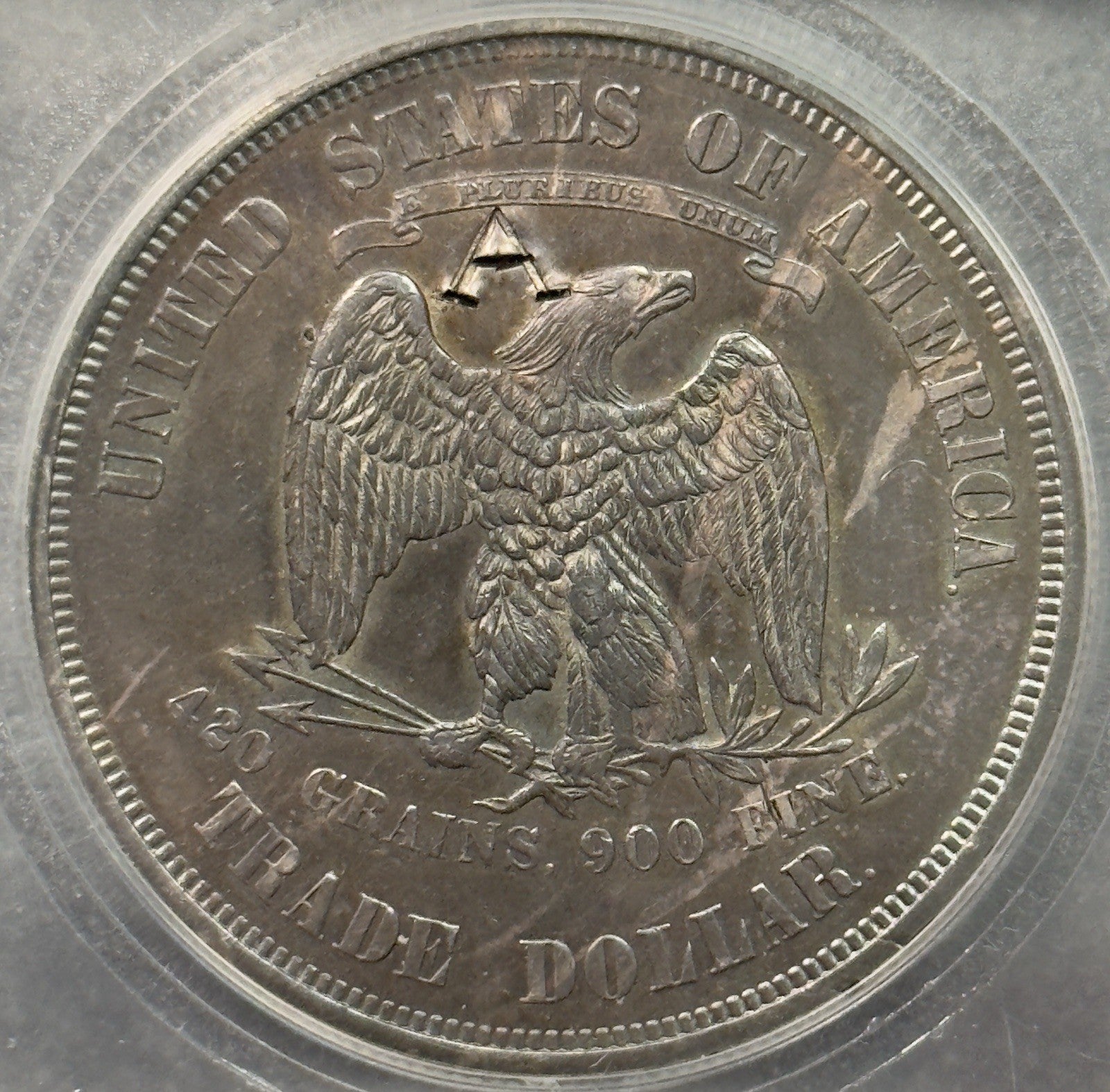 1873 Trade Dollar Reverse Counterstamp A- ICG AU58 Details ( 40447 )