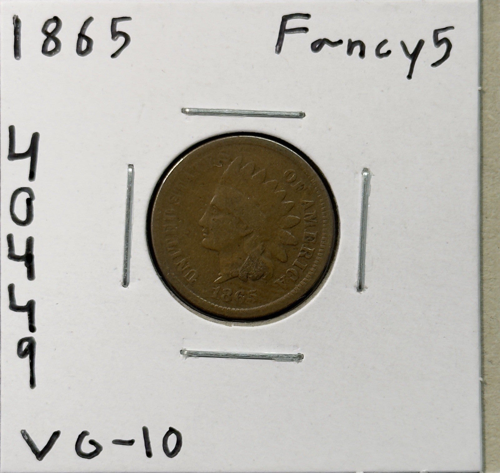 1865 Indian Head Cent Fancy 5 - Very Good ( 40449 )