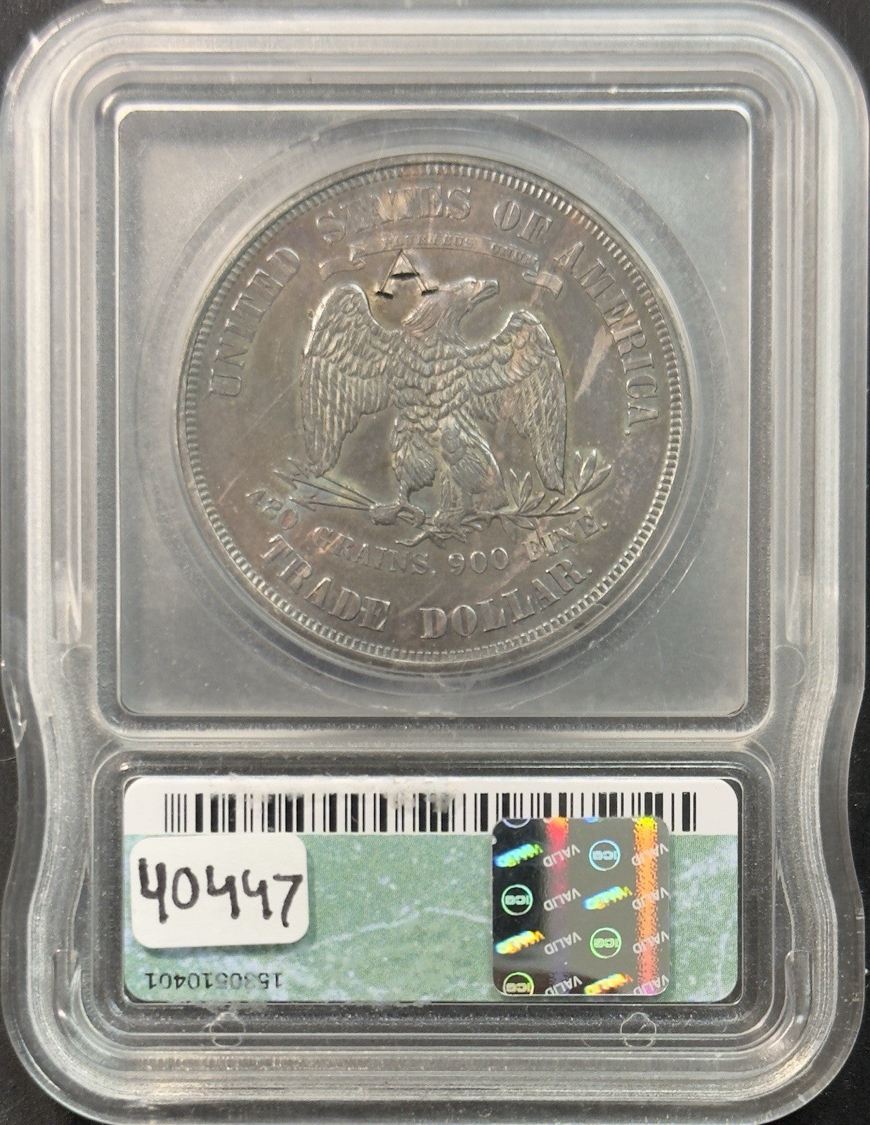 1873 Trade Dollar Reverse Counterstamp A- ICG AU58 Details ( 40447 )